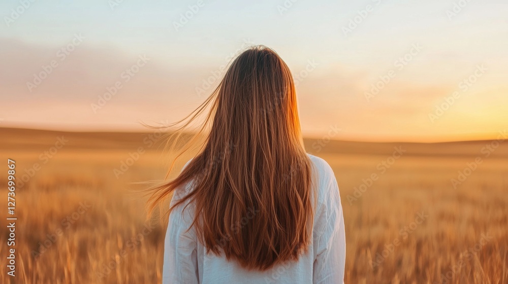 Serene Woman Enjoying Sunset in a Wheat Field with Gentle Breeze in the Air Serene Woman Enjoying Sunset in a Wheat Field with Gentle Breeze in the Air