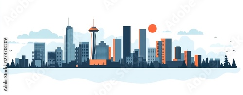 Flat vector illustration of a city skyline, with a light blue color palette, simple shapes, and a simple design.