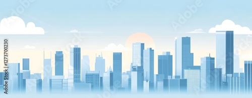 Flat vector illustration of a city skyline, with a light blue color palette, simple shapes, and a simple design.