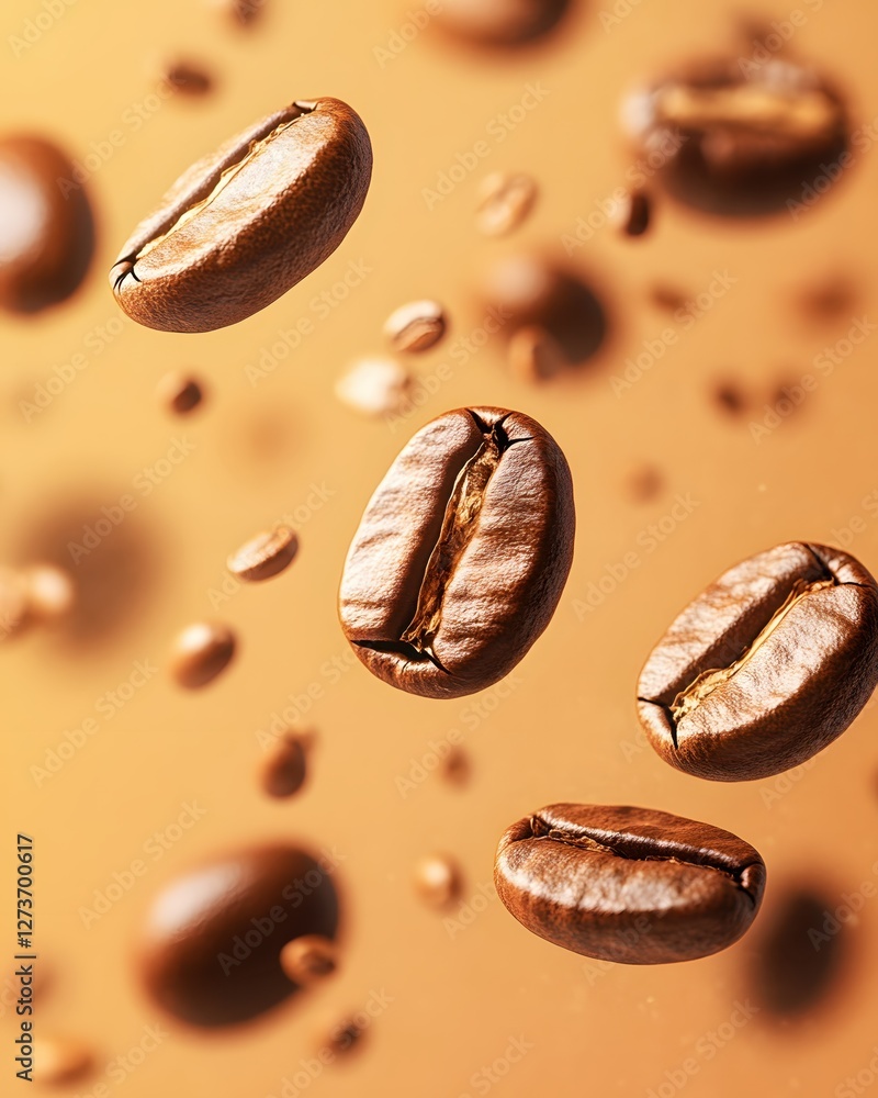 Captivating Coffee Beans Suspended in Midair Against a Warm Brown Background Close Up Captivating Coffee Beans Suspended in Midair Against a Warm Brown Background Close Up