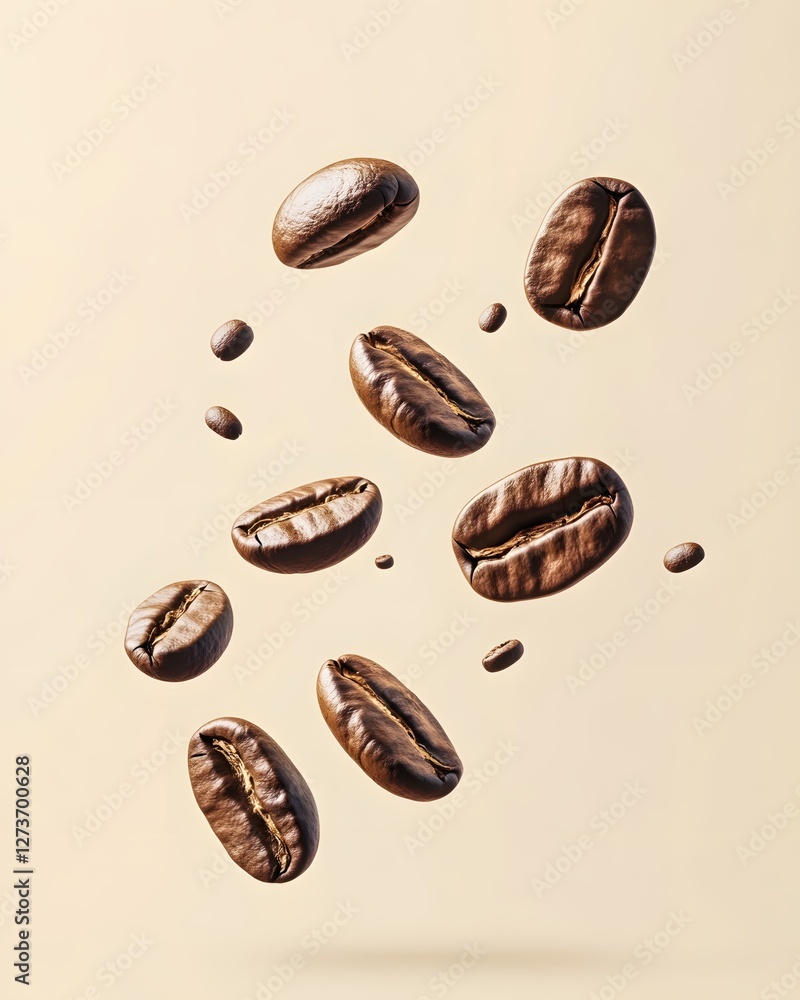 Coffee Bean Cascade Aromatic Brown Grains Floating in Midair Against a Creamy Background Coffee Bean Cascade Aromatic Brown Grains Floating in Midair Against a Creamy Background