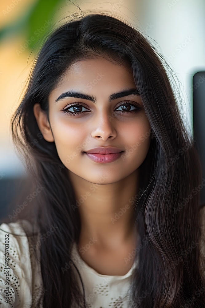 Radiant Close-up of a Young Beautiful Woman Smiling Softly with Flowing Hair and Striking Features : Generative AI