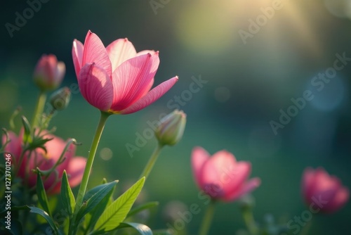 A delicate flower blooms in a garden filled with sparkling silver dust and glittering dew, atmosphere, flowers