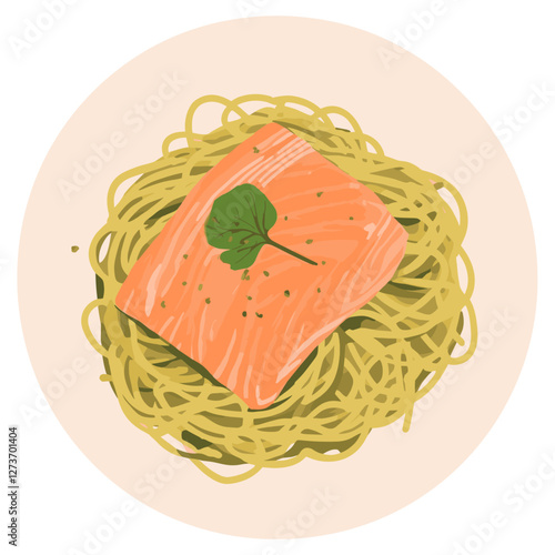 Salmon pesto spaghetti illustration plate pasta vector
