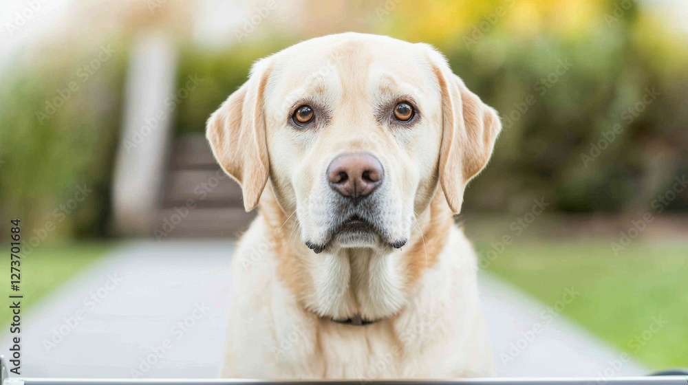 Close-Up of an Expressive Cream Labrador Retriever Sitting Outdoors in a Bright Natural Environment Close-Up of an Expressive Cream Labrador Retriever Sitting Outdoors in a Bright Natural Environment