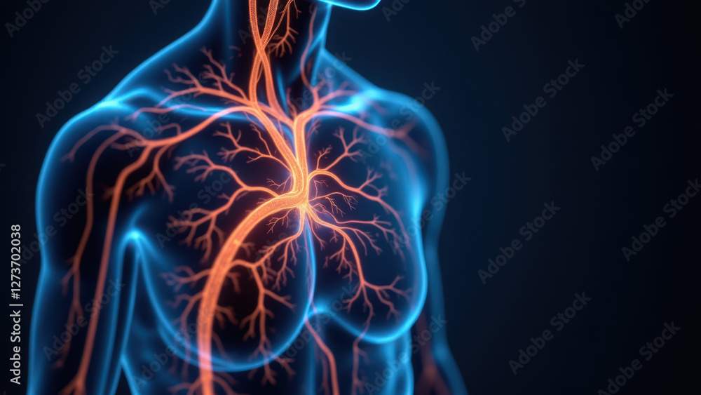 An illustration of a human body with highlighted organs and nerves, including a focus on the vagus nerve for VNS (Vagus Nerve Stimulation). An illustration of a human body with highlighted organs and nerves, including a focus on the vagus nerve for VNS (Vagus Nerve Stimulation).