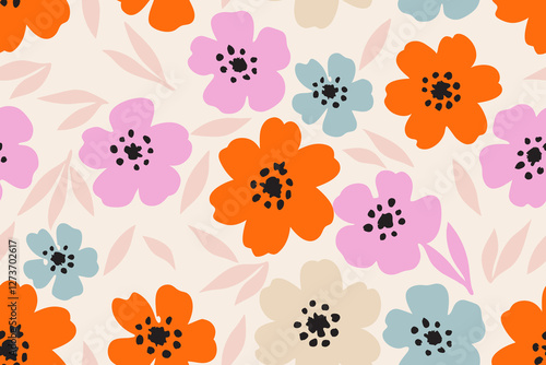  Colorful floral pattern with flowers and  leaves. Textile trendy pattern