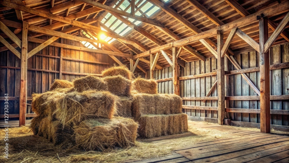 Hay stack in rustic wooden barn interior on farm , wooden beam, dry hay Hay stack in rustic wooden barn interior on farm , wooden beam, dry hay