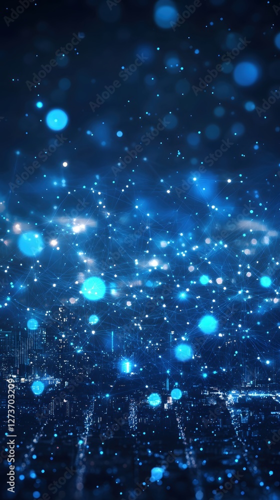 Obraz premium Abstract Cityscape with Glowing Network Connections and Blue Bokeh Lights in Dark Space