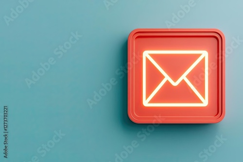 Red neon envelope icon on a teal background, symbolizing communication and messaging in a modern digital world.