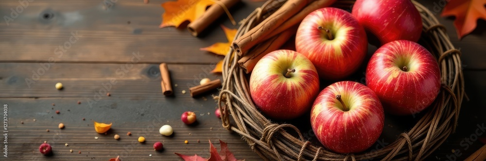 Freshly cut apples and fragrant cinnamon sticks are tied with twine around a rustic wooden wreath, apples, cinnamon, autumn Freshly cut apples and fragrant cinnamon sticks are tied with twine around a rustic wooden wreath, apples, cinnamon, autumn