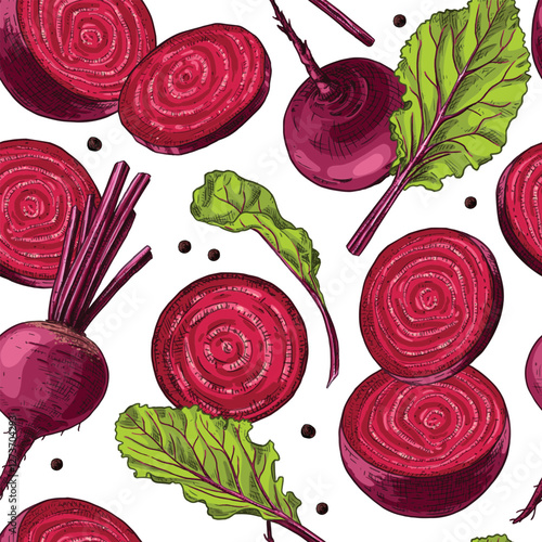 Hand drawn colorful beetroot. Vector seamless pattern of with a whole beetroot, cut in half, slices and leaves. For kitchen design, food packaging, textiles.