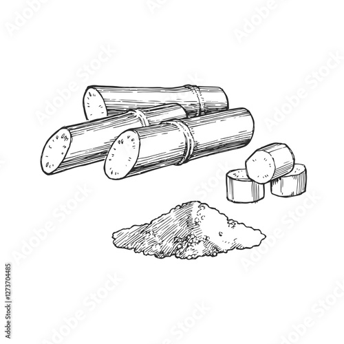 Vector hand-drawn illustration of cut sugarcane stalks. Black and white sketch of cane sugar with plant pieces. Engraving style.