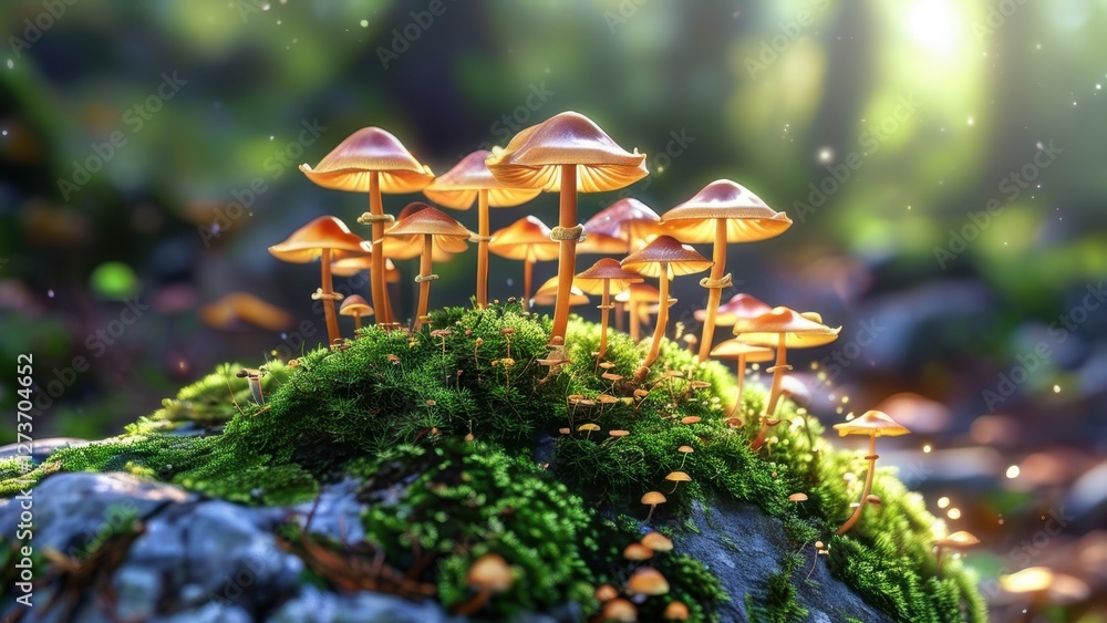 Obraz premium A cluster of vibrant mushrooms growing in a serene forest setting.