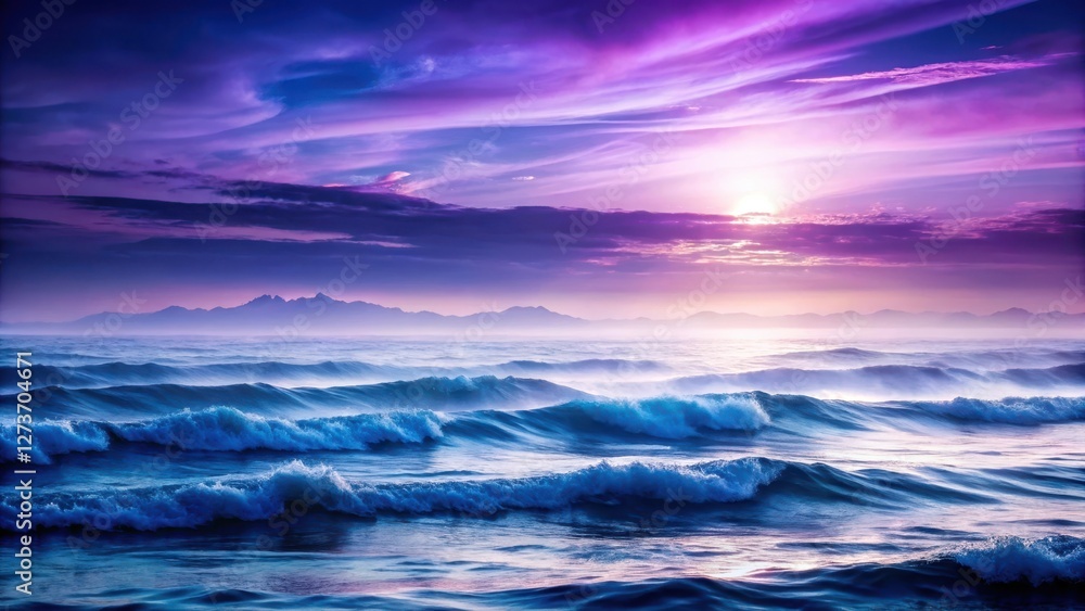 Obraz premium Serene Ocean Waves Rolling Under a Vivid Purple and Blue Sunset Sky