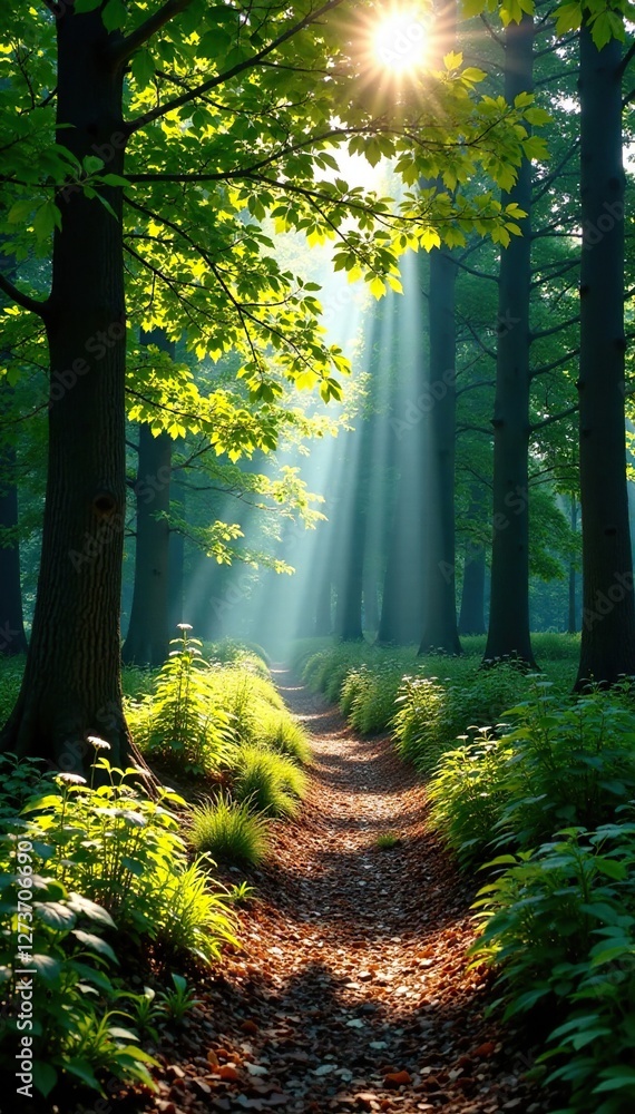 Obraz premium sunlight casting dappled shadows on forest floor, tree shadows, shaded area