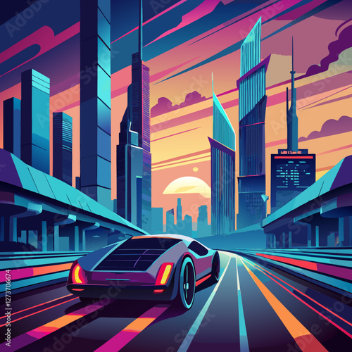 Futuristic city skyline with a sleek sports car.