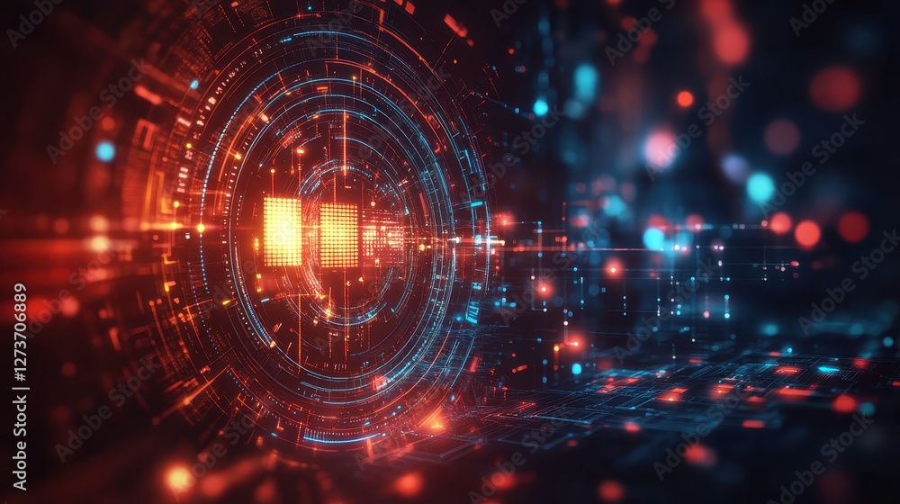 Fototapeta premium Abstract technology scene with concentric neon rings and electric pathways