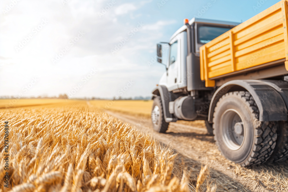 Harvesting truck in golden wheat field under blue sky, showcasing agricultural machinery and rural landscape. scene evokes sense of productivity and connection to nature