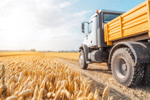 Obraz na płótnie Harvesting truck in golden wheat field under blue sky, showcasing agricultural machinery and rural landscape. scene evokes sense of productivity and connection to nature w salonie