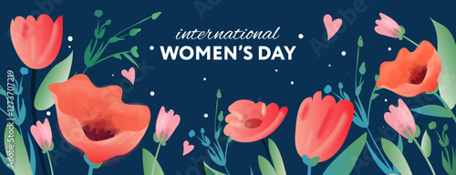 International Womens Day poster or banner with flowers. Promotion and shopping template for 8 March and womens day concept, vector illustration