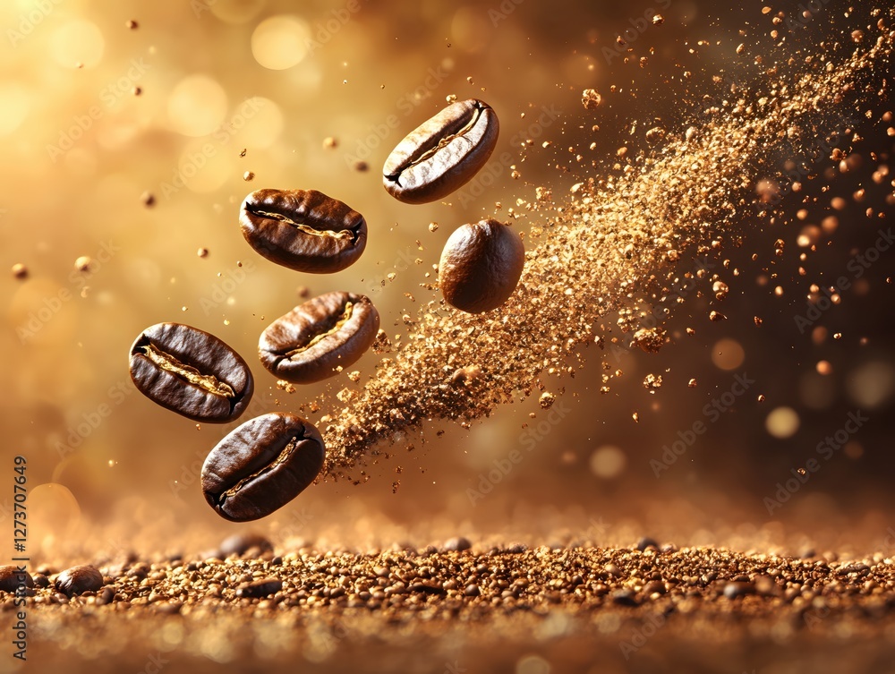 Aromatic Coffee Beans Suspended in Midair with Golden Dust on a Warm Bokeh Background Aromatic Coffee Beans Suspended in Midair with Golden Dust on a Warm Bokeh Background