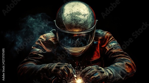 The Metal Alchemist: A biker meticulously repairs his motorcycle under a smoky, dark sky, sparks flying from his welding torch, showcasing his passion and skill.