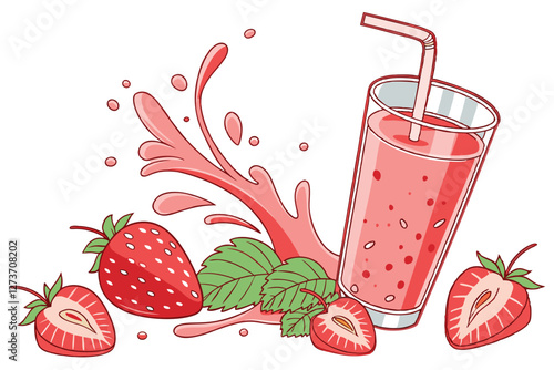  Vibrant strawberry smoothie, Glass of red fruit juice, Fresh strawberries, Splashing liquid, Dynamic composition, White background, High-speed photography, Crisp details, Juicy fruits, Refreshing b