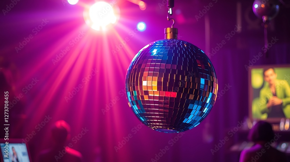 Obraz premium Stunning Colorful Disco Ball with Volumetric Lighting Creating an Electrifying Party Atmosphere