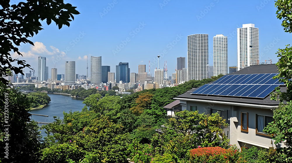 Fototapeta premium Urban skyline view with solar panels cityscape photography daytime aesthetic sustainability