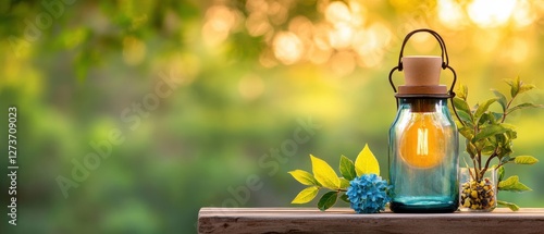 [Outdoor brunch weekend party breakfast] Serenely illuminated rustic wooden bench scene with lit candle flowers & nature backdrop