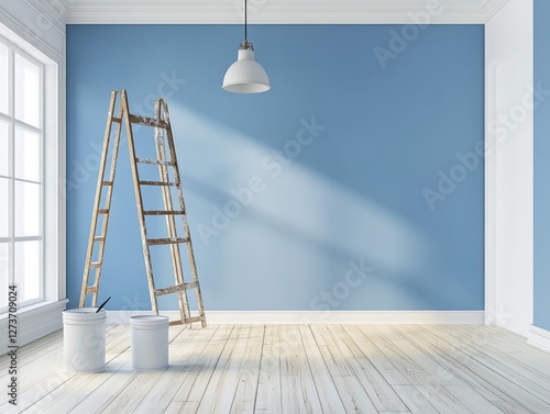 Interior painting, walls painted in a blue color with a white ceiling and wooden floor, a paint can on the left side of the room, a ladder near the walls, and a pendant light hanging from the ceiling.