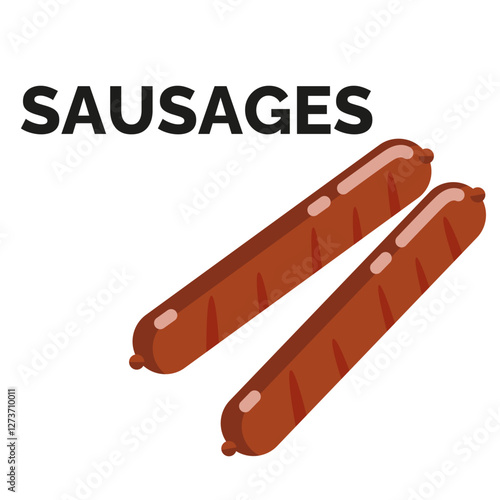 Delicious grilled sausages vector illustration. Tasty barbecue food icon in flat style. Roasted meat snack isolated on white background. Hot and fresh sausage meal for restaurant menu or food delivery