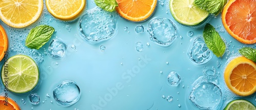Fresh Citrus Slices and Clear Water Droplets on a Light Blue Background with Mint Leaves