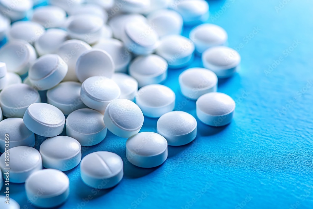 Macro Close-up of White Pills on Blue Background - Medical Pharmacy Stock Photo Macro Close-up of White Pills on Blue Background - Medical Pharmacy Stock Photo