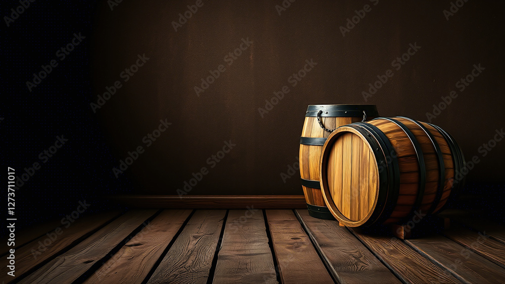 Cozy Wooden Barrels Against Dark Brown Wall: Warm Rustic Atmosphere