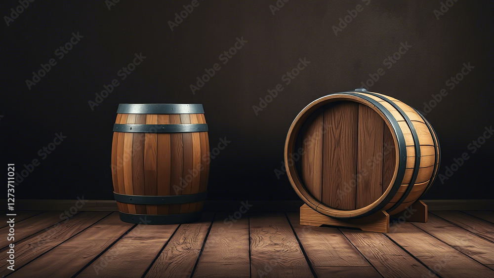 Rustic Wooden Barrels on Wooden Floor: Traditional Craftsmanship