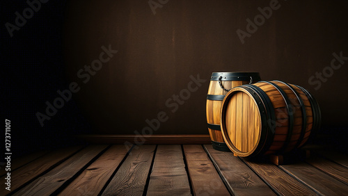 Obraz na płótnie Cozy Wooden Barrels Against Dark Brown Wall: Warm Rustic Atmosphere w salonie