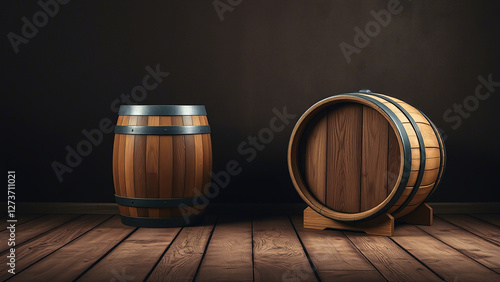 Obraz na płótnie Rustic Wooden Barrels on Wooden Floor: Traditional Craftsmanship w salonie