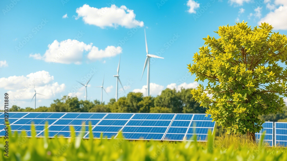 Eco-Friendly Power: Solar Panels and Wind Turbines Under the Sun