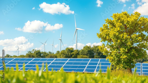 Obraz na płótnie Eco-Friendly Power: Solar Panels and Wind Turbines Under the Sun w salonie