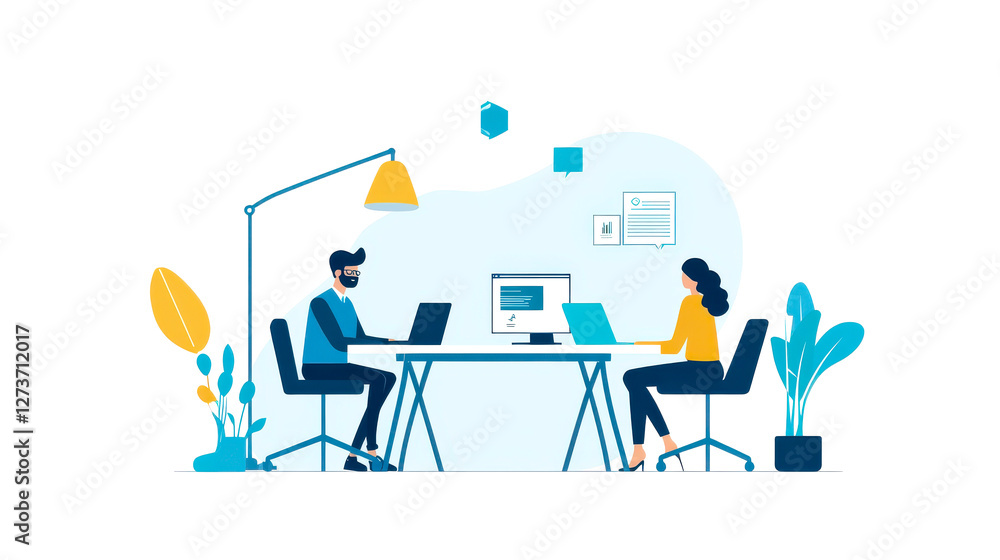 Two professionals work collaboratively at a modern desk with laptops, surrounded by plants and a lamp, emphasizing teamwork and productivity. Two professionals work collaboratively at a modern desk with laptops, surrounded by plants and a lamp, emphasizing teamwork and productivity.