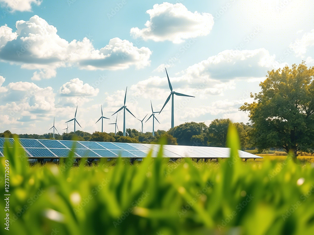 Eco-Friendly Power: Solar Panels and Wind Turbines Under the Sun