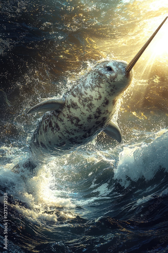 Obraz premium A Narwhal Leaps Through Ocean Waves In Sunlight