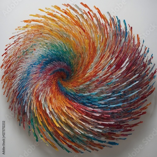 A mesmerizing spiral of colorful lines expanding outward on a white canvas.