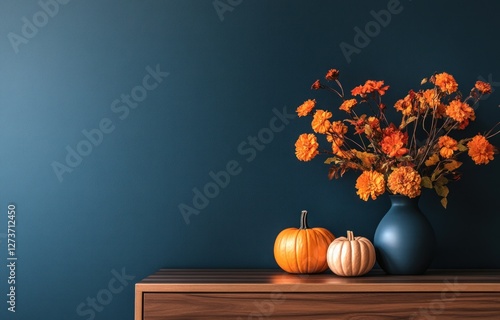 Autumnal home decor pumpkins, flowers, dark wall