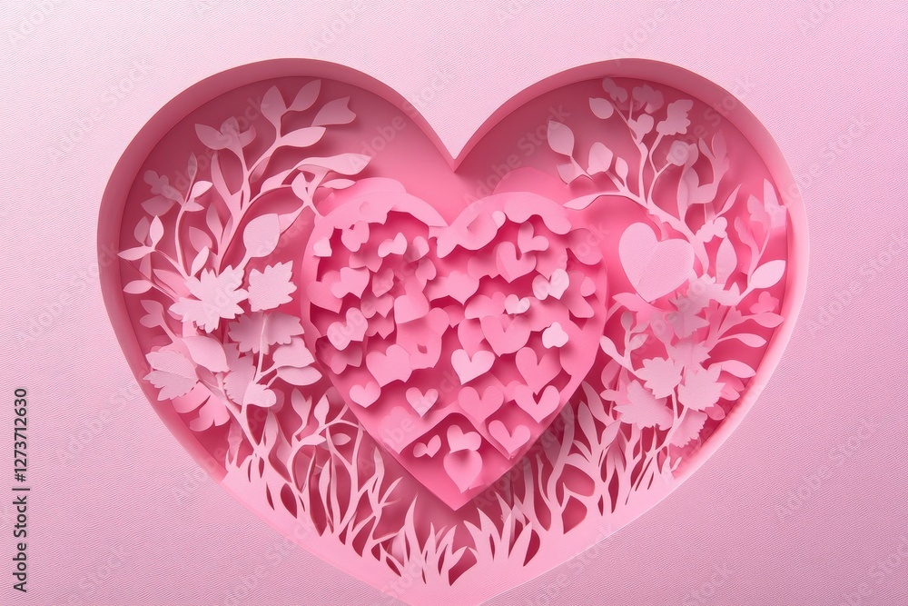 Minimalist pink background with paper-cut hearts for Valentine's Day, with copy space. Minimalist pink background with paper-cut hearts for Valentine's Day, with copy space.