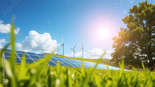 Obraz na płótnie Sustainable Energy: Solar Panels and Wind Power in Action w salonie