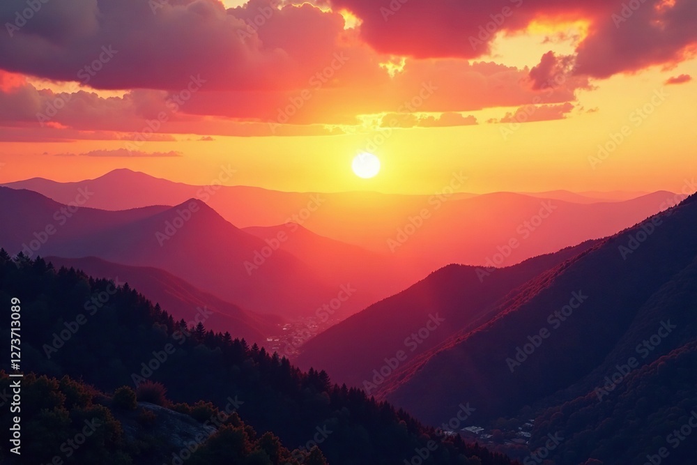 Obraz premium Warm hues of sunset on a distant mountain range, valley below, golden glow