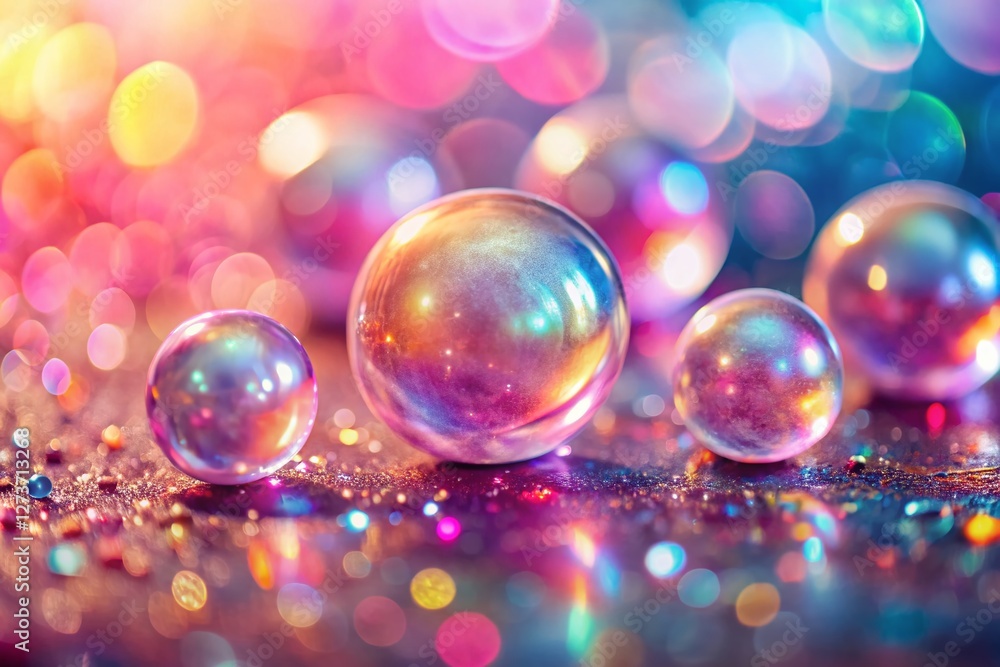 Macro Photography: Dreamlike Shimmering Spheres on Rosy Surface Macro Photography: Dreamlike Shimmering Spheres on Rosy Surface